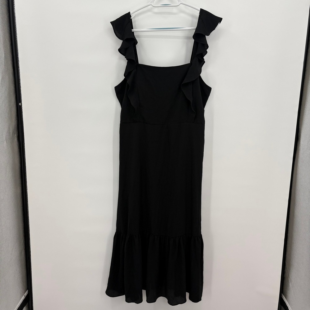 BCBG Paris Black Ruffle Strap Midi Dress Square Neck Tiered Hem BD2SP06W L